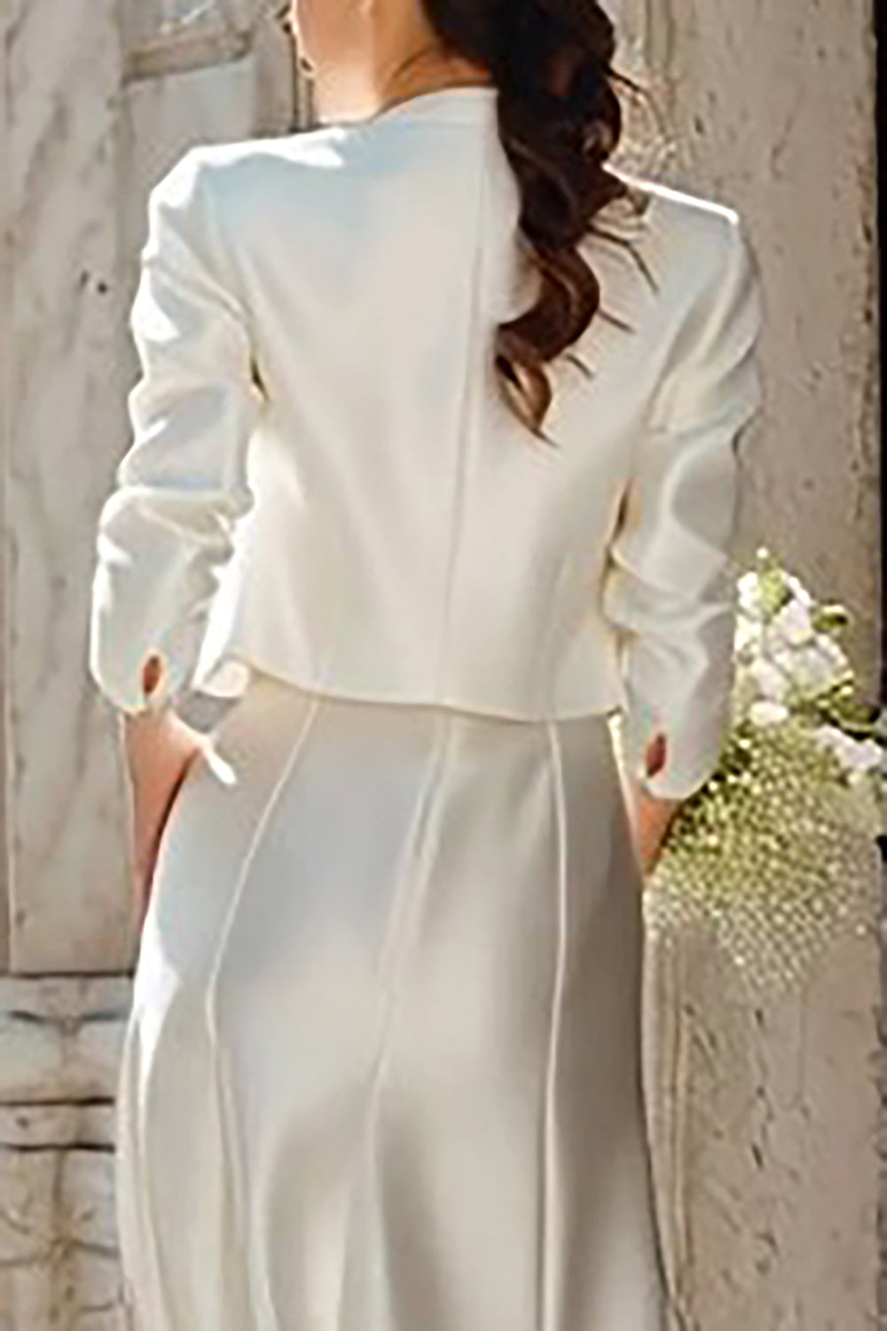 Ivory Satin 2 Piece V Neck Sheath Floor Length Wedding Dress with Jacket