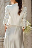 Ivory Satin 2 Piece V Neck Sheath Floor Length Wedding Dress with Jacket