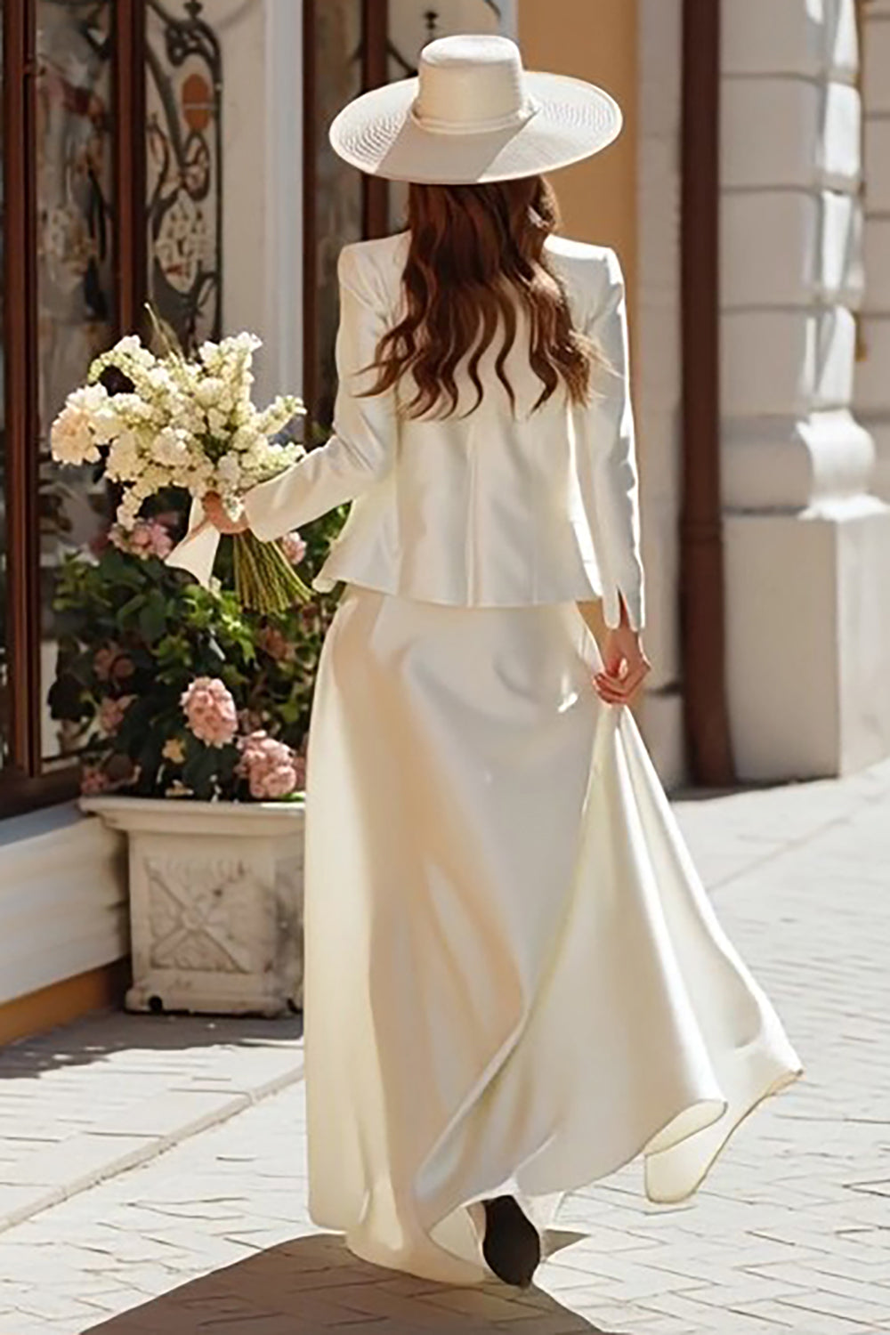 Ivory Satin 2 Piece A Line Corset Floor Length Wedding Dress with Jacket