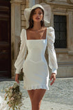 Ivory Square Neck Bodycon Short Wedding Dress with Sleeves