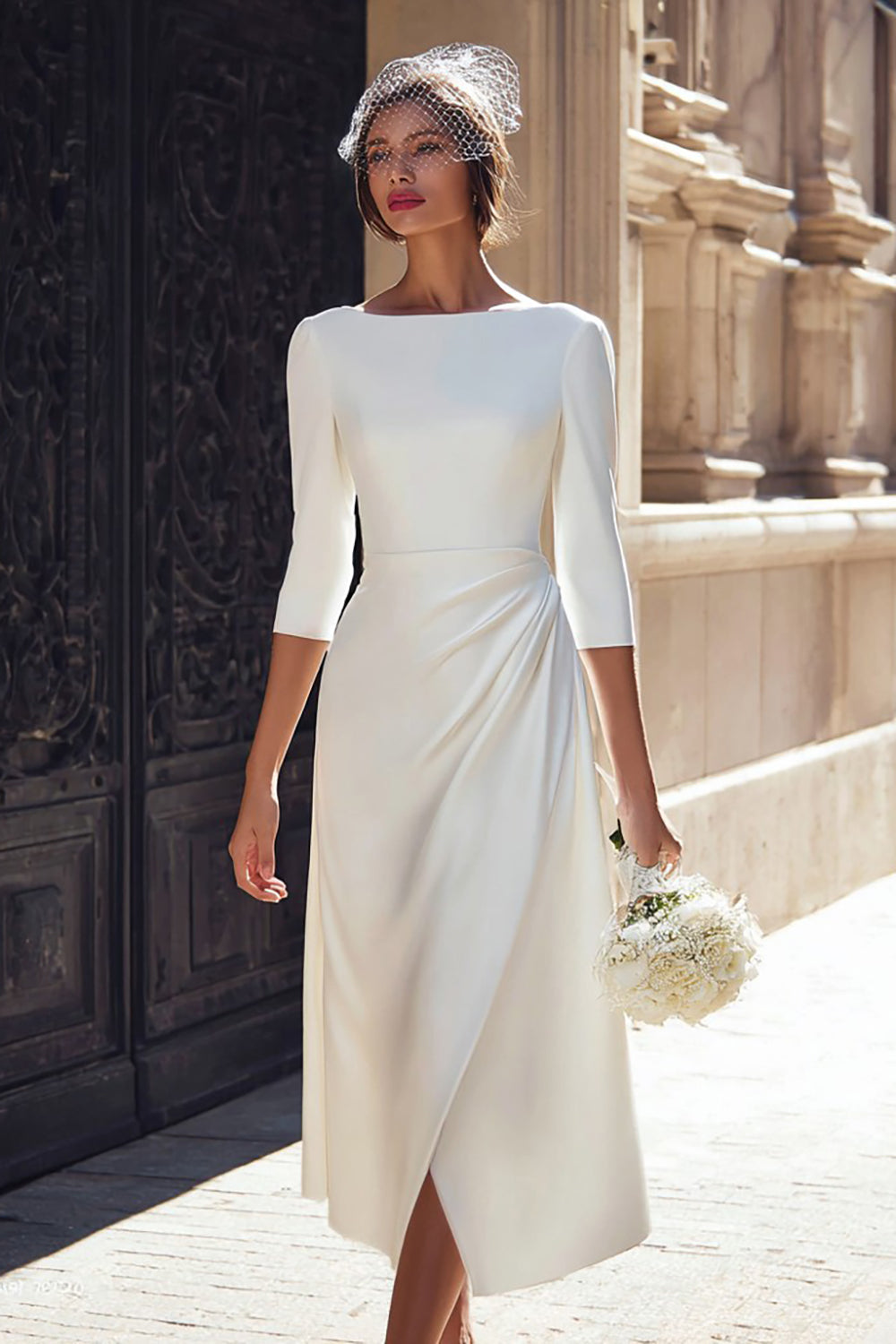Ivory Satin A Line Bateau Neck Midi Wedding Dress