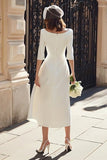 Ivory Satin A Line Bateau Neck Midi Wedding Dress