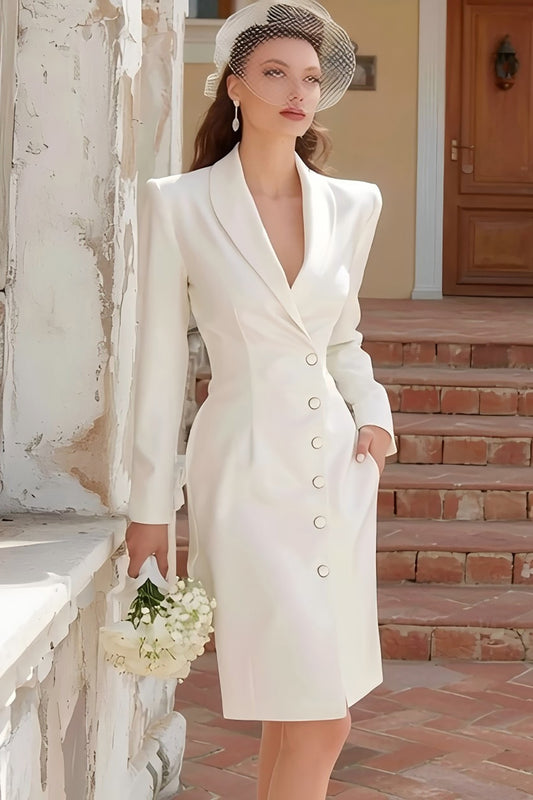 Ivory Satin Shawl Lapel Single Breasted Midi Blazer Wedding Dress