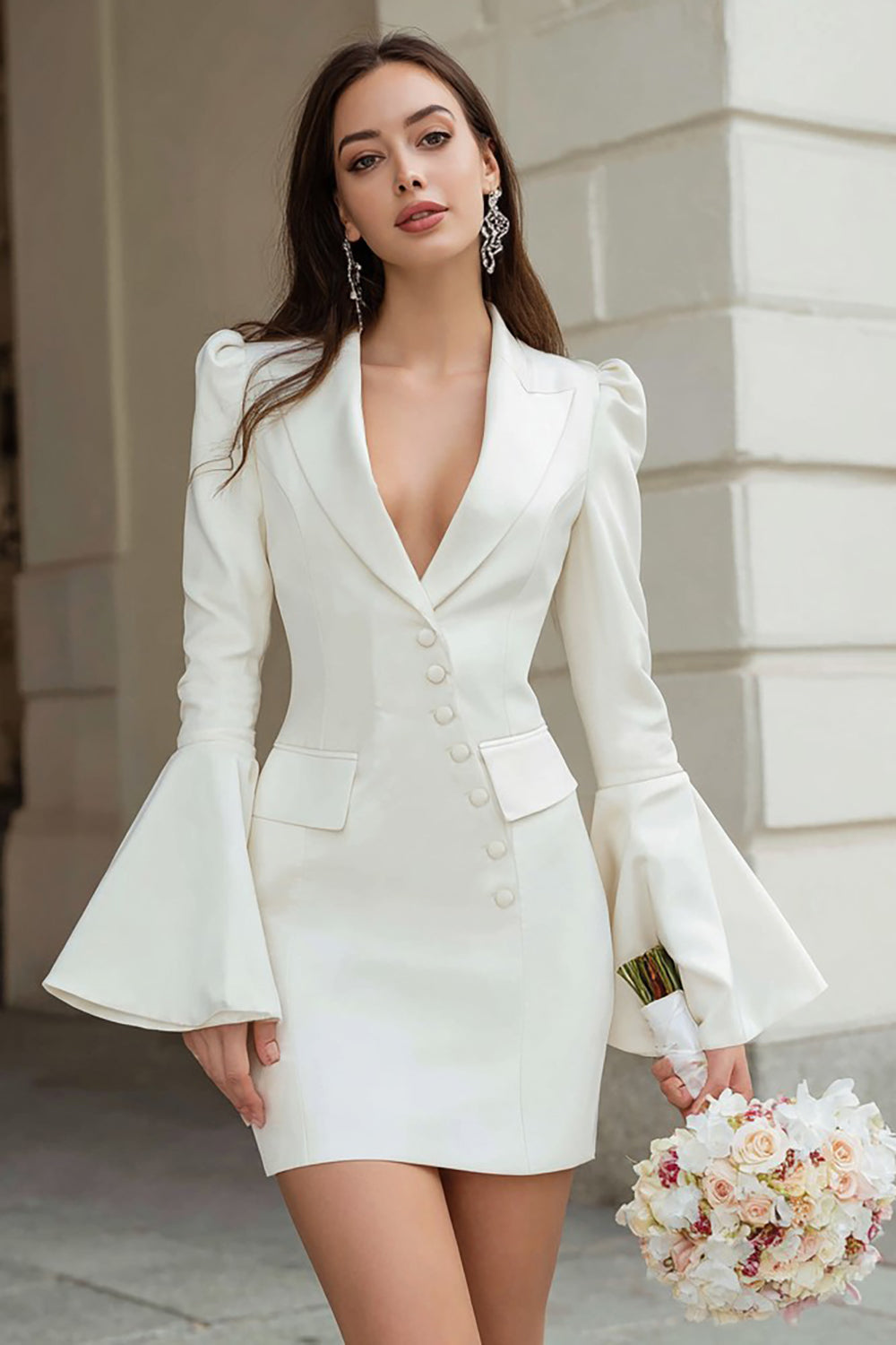 Ivory Satin Shawl Lapel Short Blazer Wedding Dress