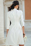 Ivory Satin Notched Lapel A Line Short Blazer Wedding Dress with Sleeves