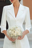 Ivory Satin Notched Lapel A Line Short Blazer Wedding Dress with Sleeves