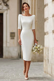 Ivory Satin Boat Neck Bodycon Midi Wedding Dress with Sleeves