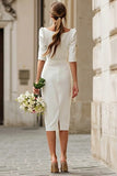 Ivory Satin Boat Neck Bodycon Midi Wedding Dress with Sleeves