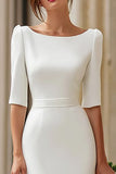 Ivory Satin Boat Neck Bodycon Midi Wedding Dress with Sleeves
