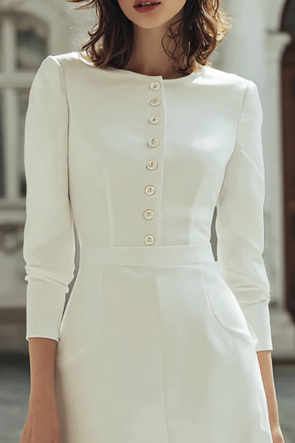 Ivory Bodycon Boat Neck Short Wedding Dress with Buttons