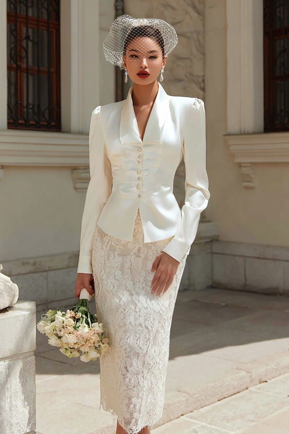 Ivory Satin 2 Piece Shawl Lapel Midi Wedding Outfits with Buttons