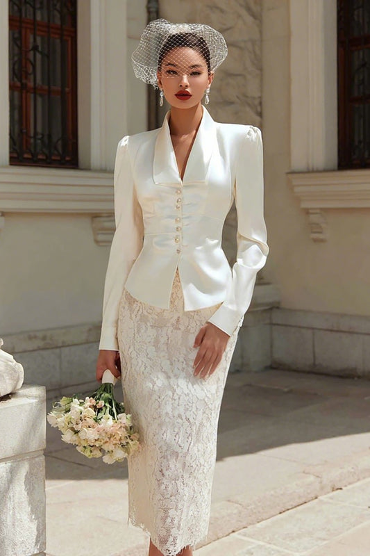 Ivory Satin 2 Piece Shawl Lapel Midi Wedding Outfits with Buttons