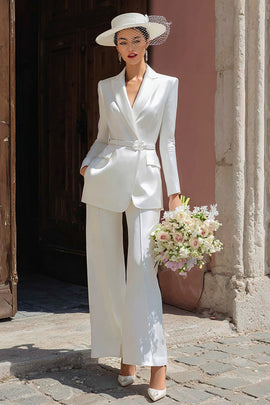 Ivory Satin Notched Lapel Long Blazer Wedding Pant Suits with Belt