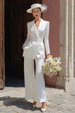 Ivory Satin Notched Lapel Long Blazer Wedding Pant Suits with Belt