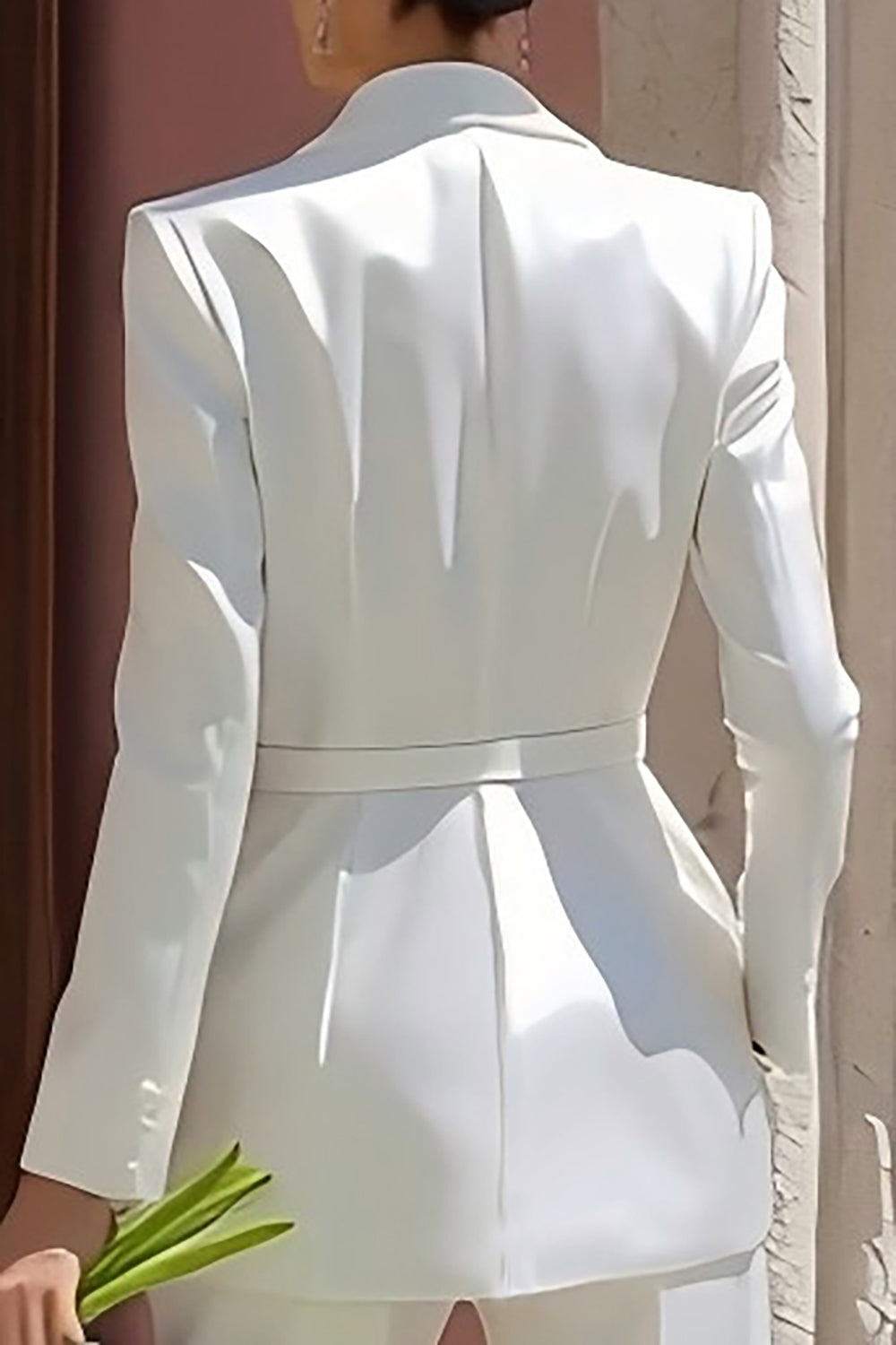 Ivory Satin Notched Lapel Long Blazer Wedding Pant Suits with Belt