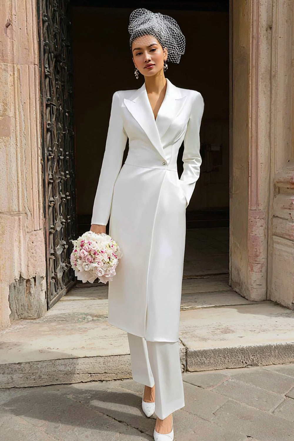 Ivory Peak Lapel 2 Piece Long Blazer Wedding Pant Suits with Button