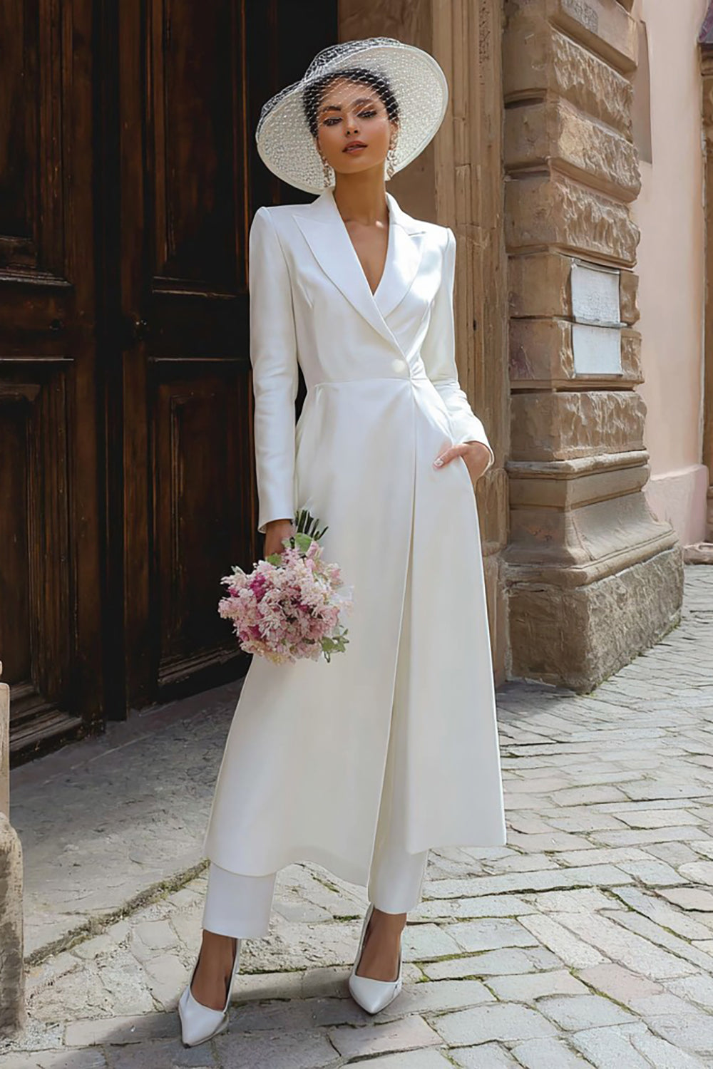 Peak Lapel Ivory 2 Piece Long Blazer Wedding Pant Suits with Sleeves