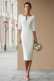 Ivory Boat Neck Bodycon Midi Wedding Dress with Sleeves