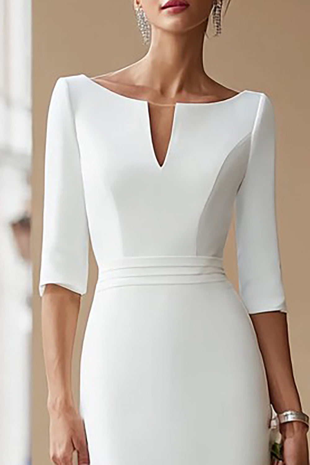 Ivory Boat Neck Bodycon Midi Wedding Dress with Sleeves