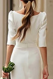 Ivory Boat Neck Bodycon Midi Wedding Dress with Sleeves