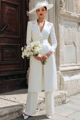 Ivory 2 Piece Notched Lapel Long Blazer Wedding Pant Suits with Belt