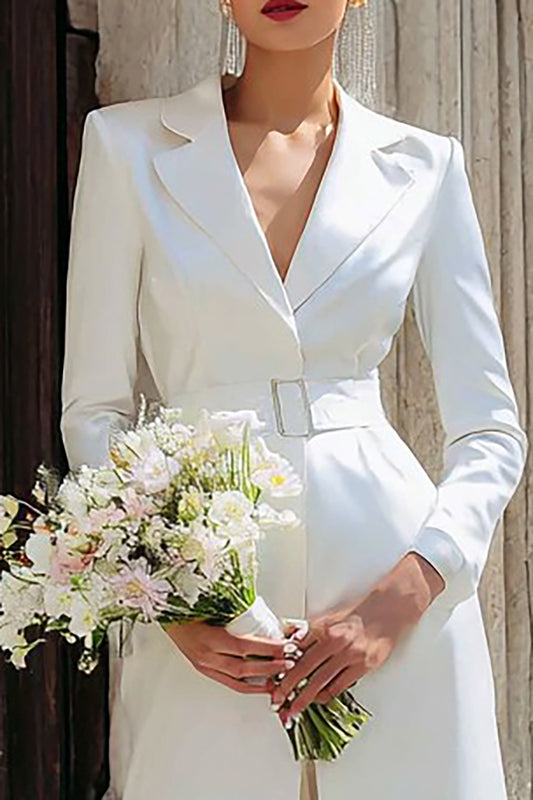 Ivory 2 Piece Notched Lapel Long Blazer Wedding Pant Suits with Belt