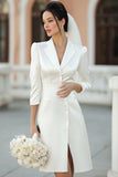 Ivory Satin Notched Lapel A Line Midi Blazer Wedding Dress