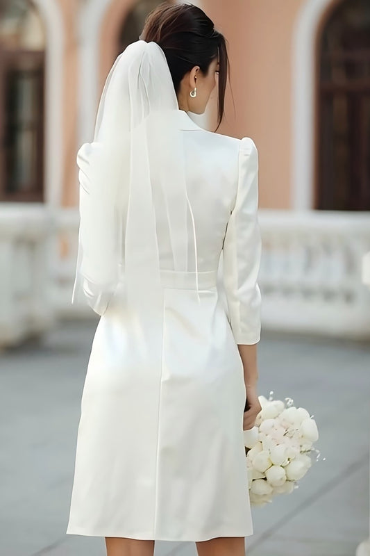 Ivory Satin Notched Lapel A Line Midi Blazer Wedding Dress