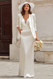Ivory 2 Piece V Neck Satin Sheath Floor Length Wedding Dress with Blazer