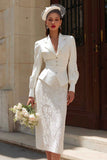 Ivory Notched Lapel 2 Piece Bodycon Midi Wedding Outfits with Sleeves