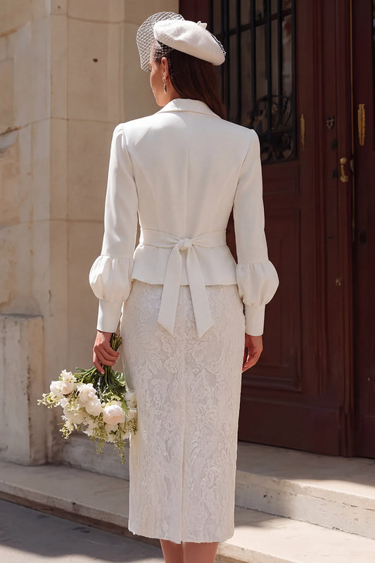 Ivory Notched Lapel 2 Piece Bodycon Midi Wedding Outfits with Sleeves