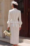 Ivory Notched Lapel 2 Piece Bodycon Midi Wedding Outfits with Sleeves