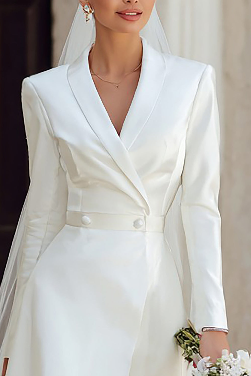 Ivory Shawl Lapel High Low Blazer Wedding Dress with Sleeves