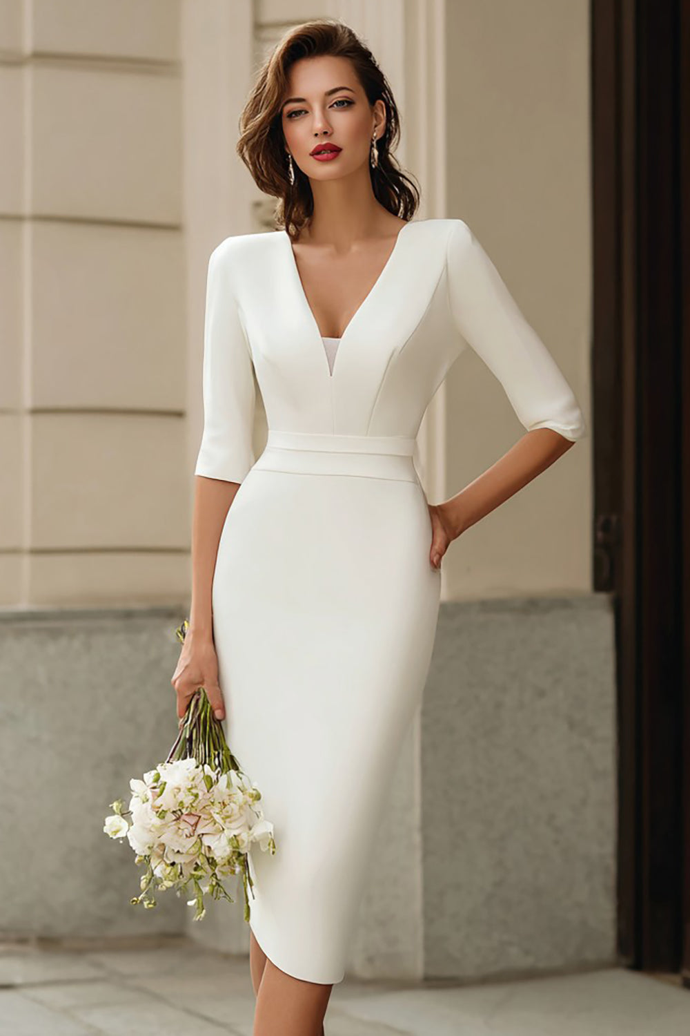 Simple Ivory V-Neck Bodycon Midi Wedding Dress with Sleeves