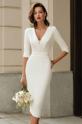 Simple Ivory V-Neck Bodycon Midi Wedding Dress with Sleeves
