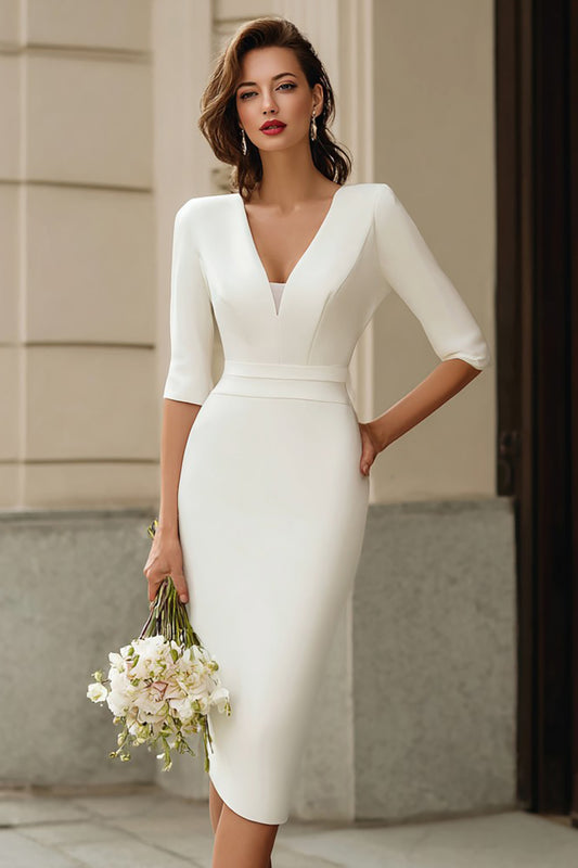 Simple Ivory V-Neck Bodycon Midi Wedding Dress with Sleeves