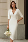 Simple Ivory V-Neck Bodycon Midi Wedding Dress with Sleeves