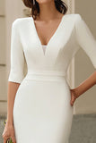 Simple Ivory V-Neck Bodycon Midi Wedding Dress with Sleeves
