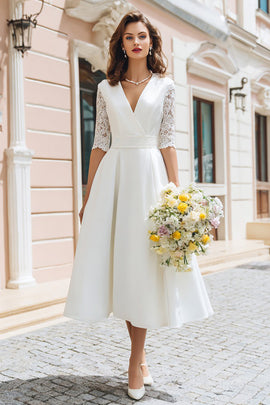 Ivory A Line V-Neck Midi Wedding Dress with Sleeves