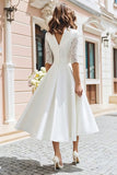 Ivory A Line V-Neck Midi Wedding Dress with Sleeves