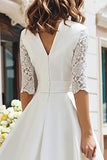 Ivory A Line V-Neck Midi Wedding Dress with Sleeves