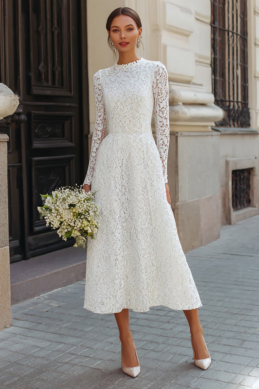 Ivory Lace A Line Round Neck Long Wedding Dress with Sleeves