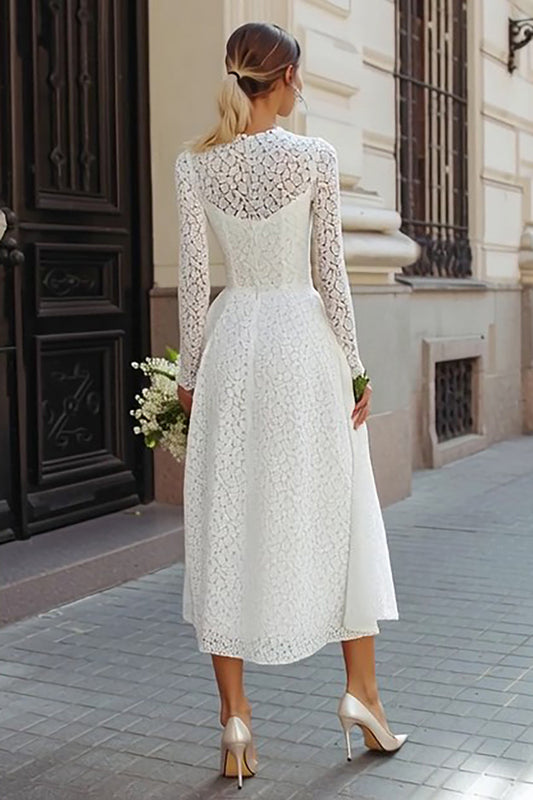 Ivory Lace A Line Round Neck Long Wedding Dress with Sleeves