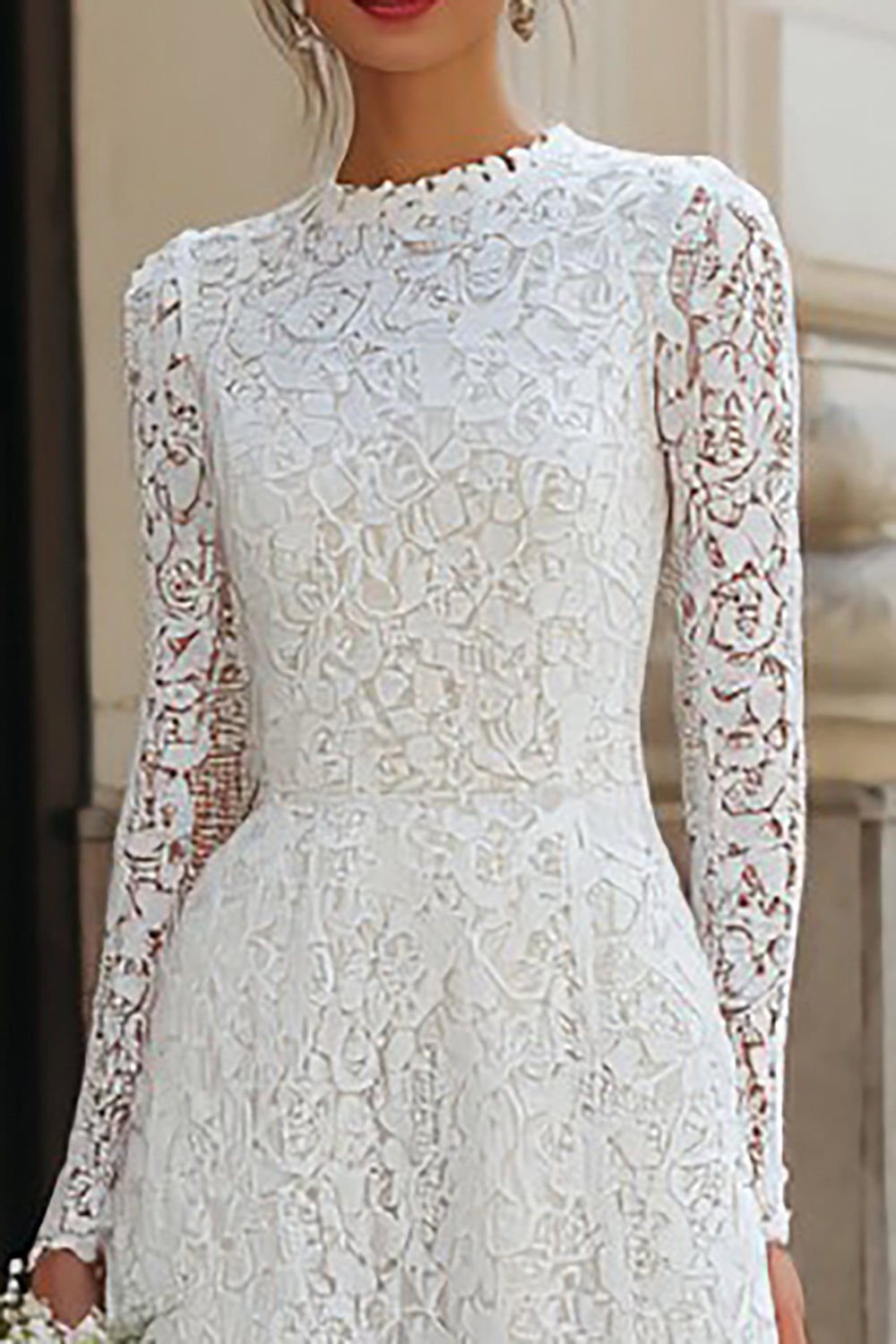 Ivory Lace A Line Round Neck Long Wedding Dress with Sleeves