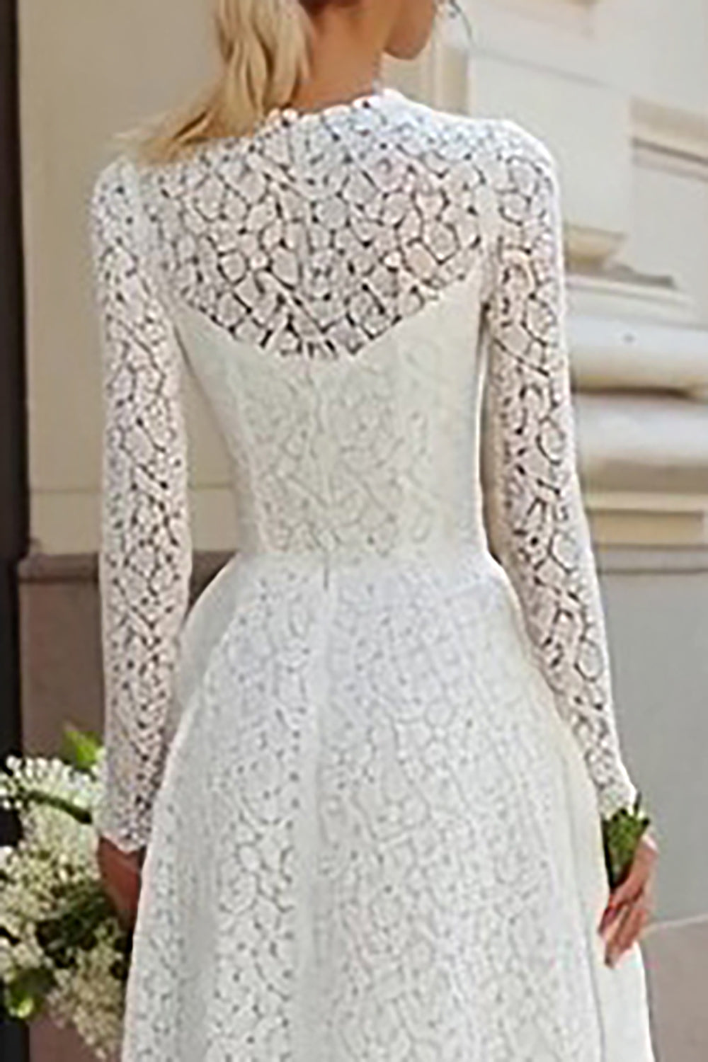 Ivory Lace A Line Round Neck Long Wedding Dress with Sleeves