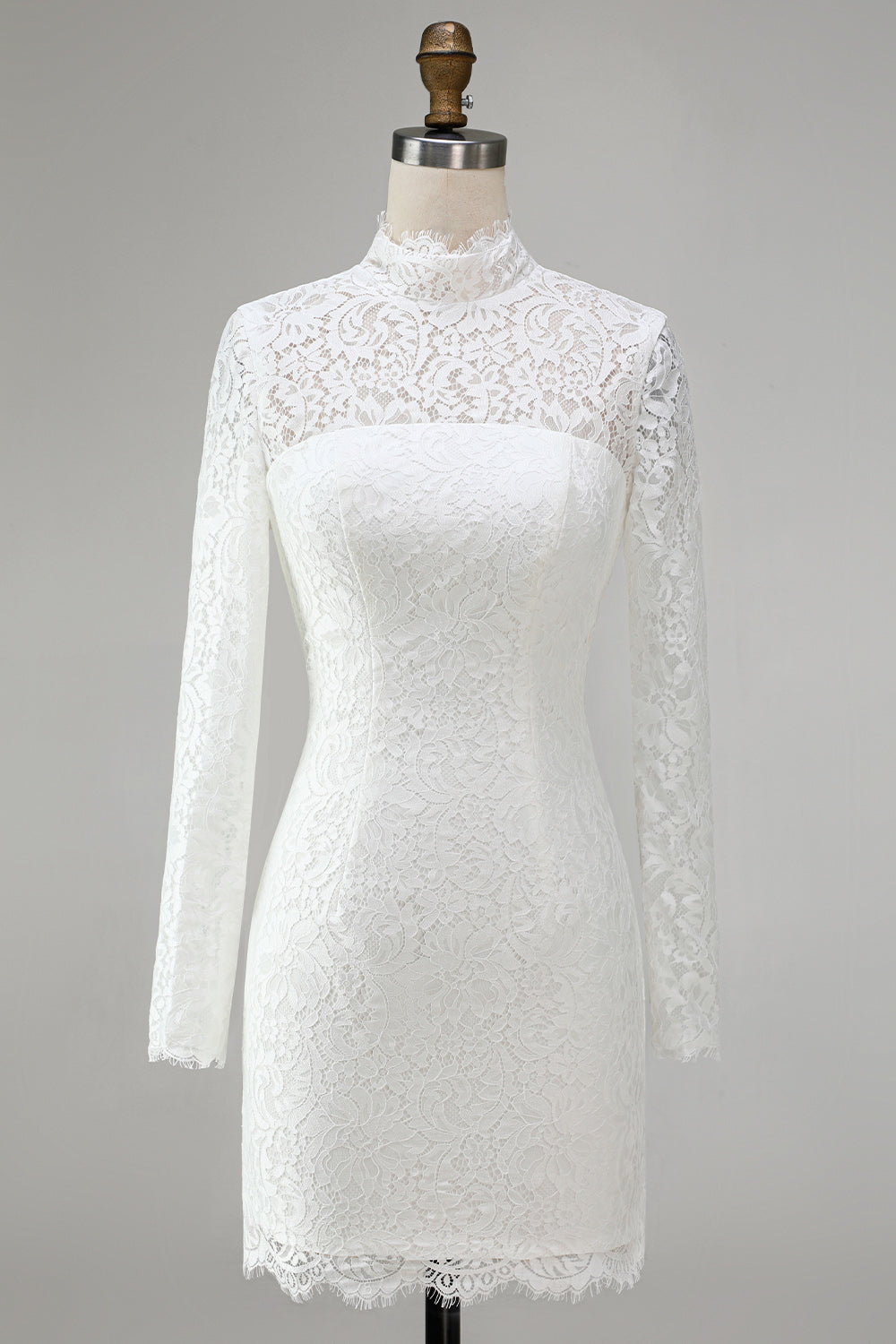 Vintage Ivory Lace Bodycon High Neck Short Wedding Dress with Sleeves