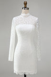 Vintage Ivory Lace Bodycon High Neck Short Wedding Dress with Sleeves