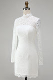 Vintage Ivory Lace Bodycon High Neck Short Wedding Dress with Sleeves