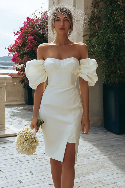 Ivory Bodycon Off the Shoulder Short Wedding Dress with Slit