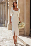 Simple Ivory Bodycon Square Neck Midi Wedding Dress with Sleeves
